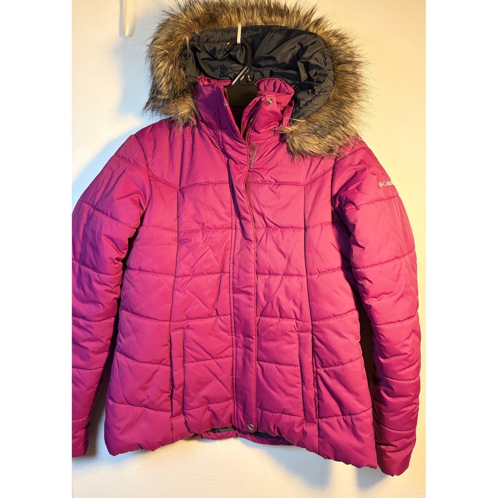 Columbia Puffer Jacket Women Large Pink Excellent Faux Fur Hood Winter Coat